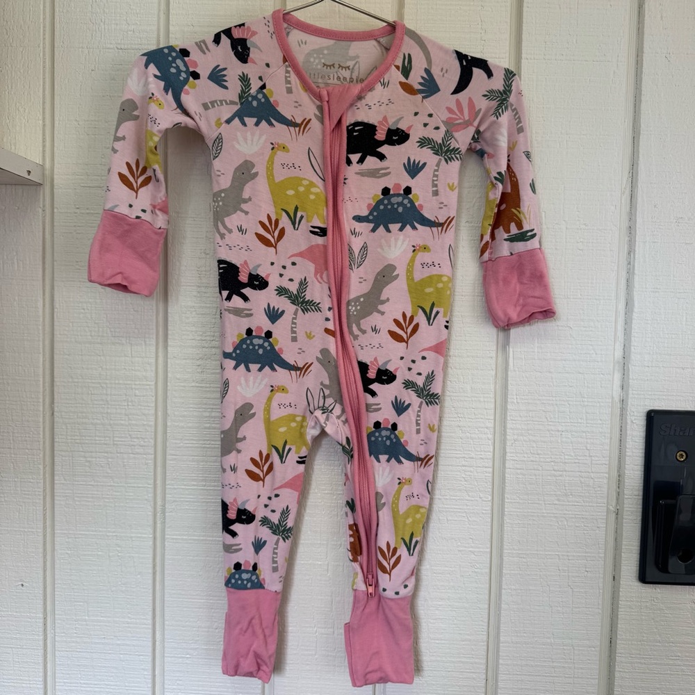 Little Sleepies Pink Dinosaur baby girl Kids One Piece zip footie sleeper